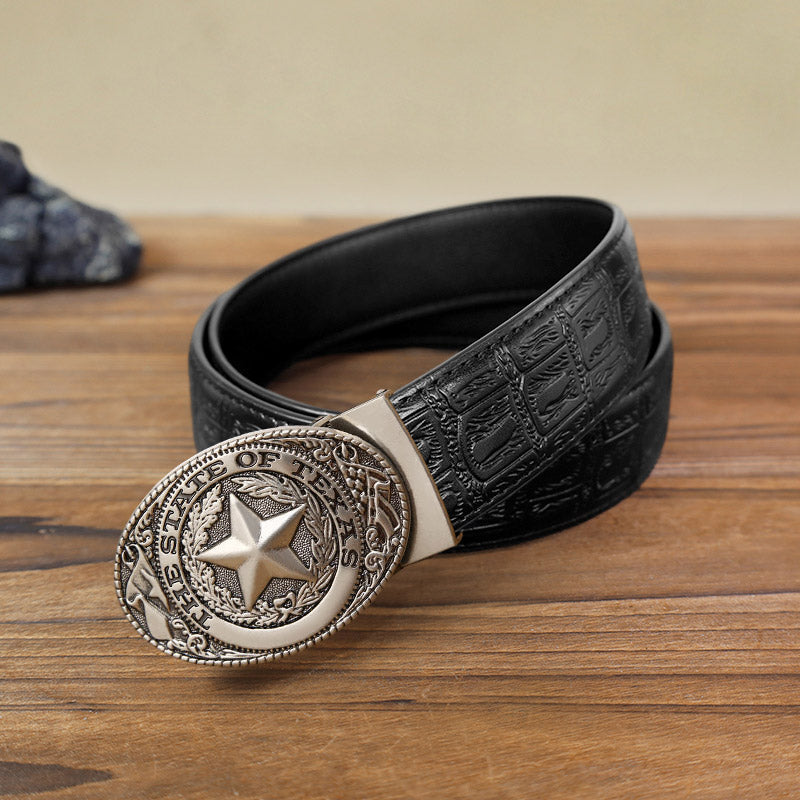 Men's DIY Texas Pentagram Automatic Buckle Leather Belt - Antique Silver - Black Snake Pattern Belt (40) - image 6