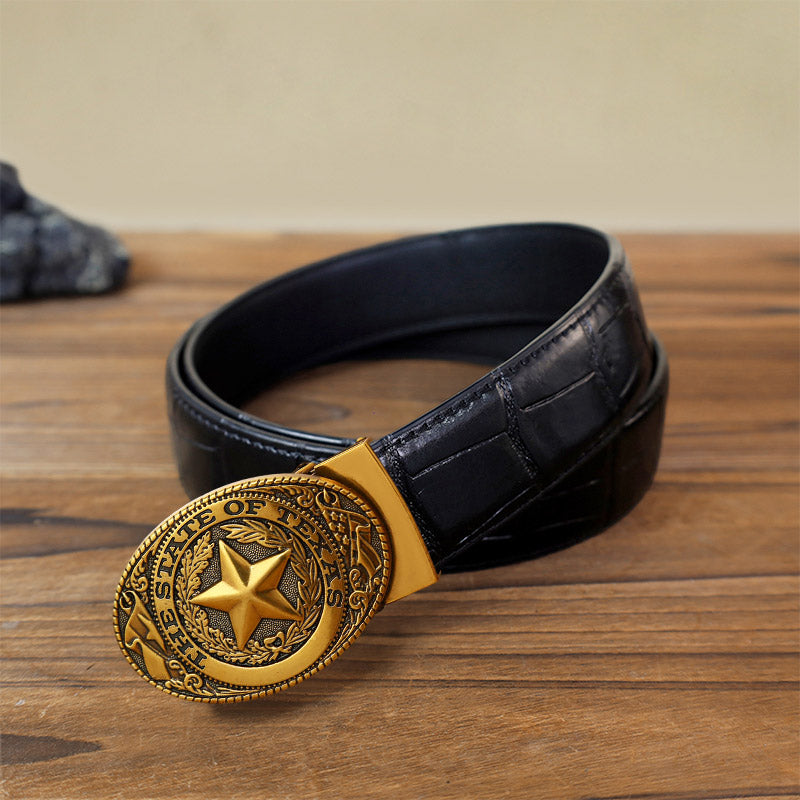 Men's DIY Texas Pentagram Automatic Buckle Leather Belt - Antique Bronze - Black Crocodile Pattern Belt (40) - image 13