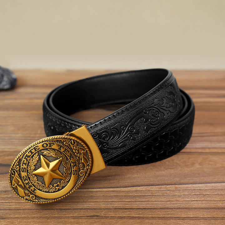Men's DIY Texas Pentagram Automatic Buckle Leather Belt - Antique Bronze - Black Carved Pattern Belt (40) - image 16
