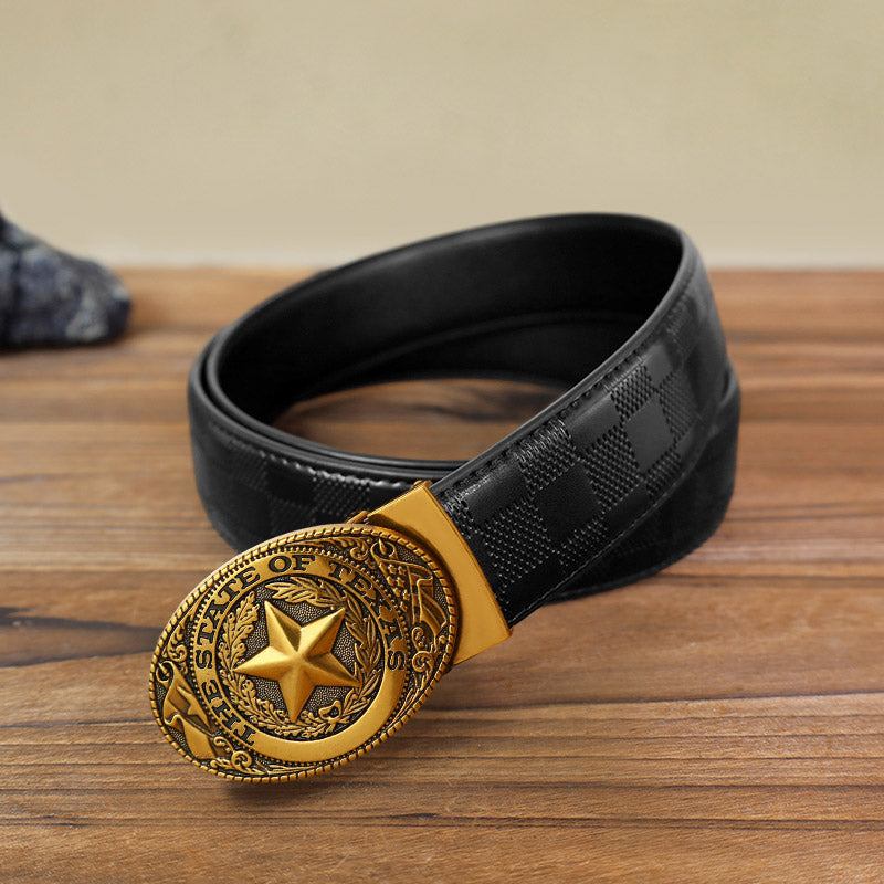 Men's DIY Texas Pentagram Automatic Buckle Leather Belt - Antique Bronze - Black Checked Pattern Belt (40) - image 17