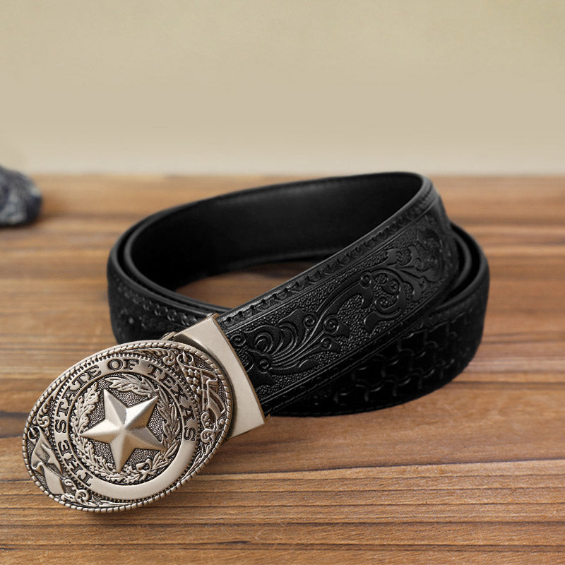 Men's DIY Texas Pentagram Automatic Buckle Leather Belt - Antique Silver - Black Carved Pattern Belt (40) - image 7