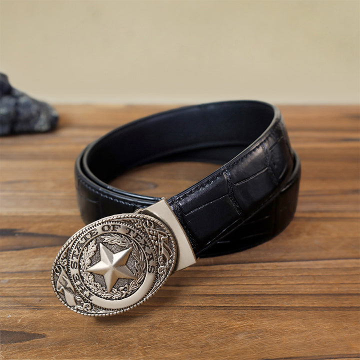 Men's DIY Texas Pentagram Automatic Buckle Leather Belt - Antique Silver - Black Crocodile Pattern Belt (40) - image 4