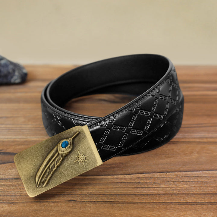 Men's DIY Embossed Feather Turquoise Automatic Buckle Leather Belt - Feather - Black Diamond Pattern Belt (40) - image 2