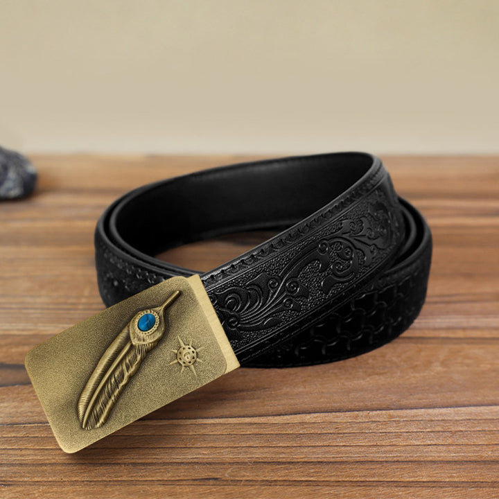 Men's DIY Embossed Feather Turquoise Automatic Buckle Leather Belt - Feather - Black Carved Pattern Belt (40) - image 4