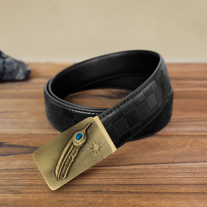 Men's DIY Embossed Feather Turquoise Automatic Buckle Leather Belt - Feather - Black Checked Pattern Belt (40) - image 5