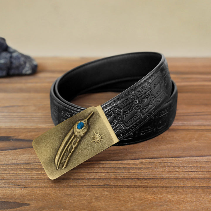 Men's DIY Embossed Feather Turquoise Automatic Buckle Leather Belt - Feather - Black Snake Pattern Belt (40) - image 3