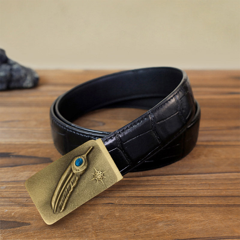 Men's DIY Embossed Feather Turquoise Automatic Buckle Leather Belt - Feather - Black Crocodile Pattern Belt (40) - image 1