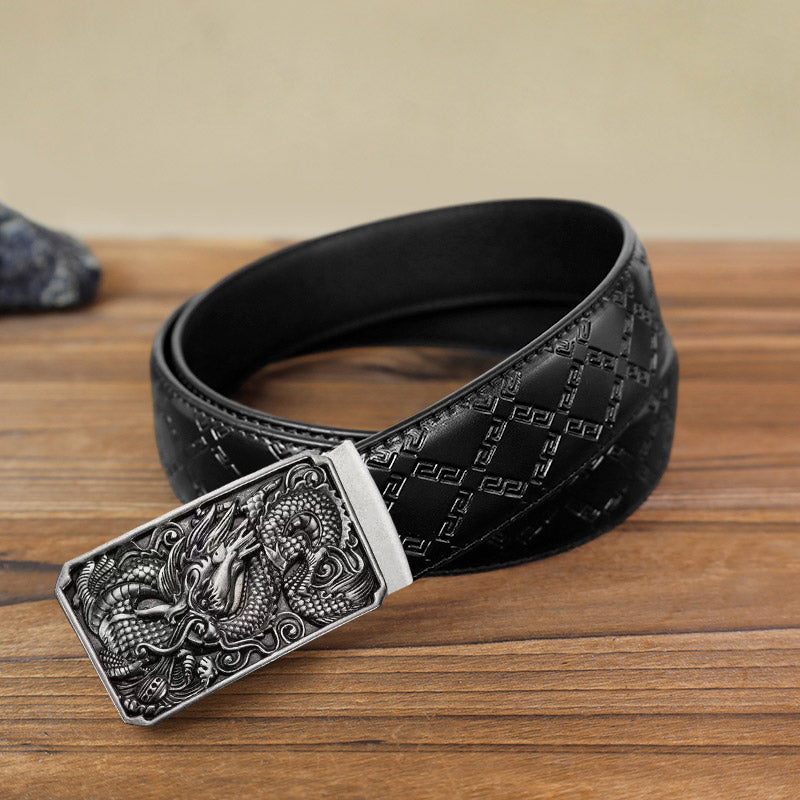 Men's DIY Coiling Dragon Automatic Buckle Leather Belt - Antique Silver - Black Diamond Pattern Belt (40) - image 11