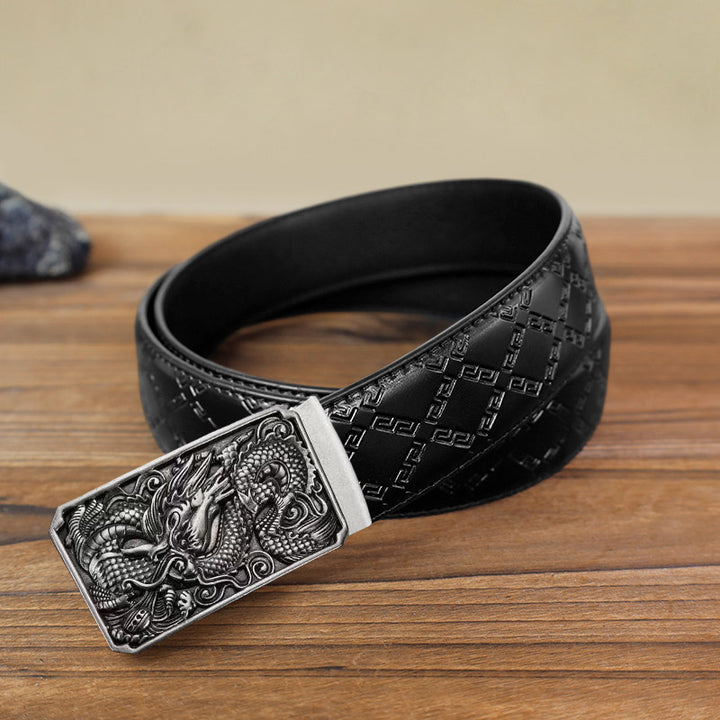 Men's DIY Coiling Dragon Automatic Buckle Leather Belt - Antique Silver - Black Diamond Pattern Belt (40) - image 11