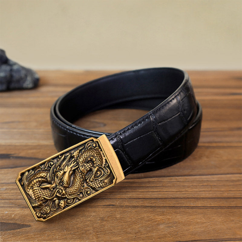 Men's DIY Coiling Dragon Automatic Buckle Leather Belt - Antique Gold - Black Crocodile Pattern Belt (40) - image 1