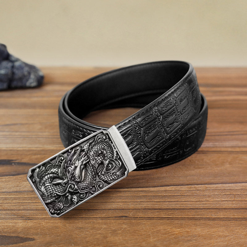 Men's DIY Coiling Dragon Automatic Buckle Leather Belt - Antique Silver - Black Snake Pattern Belt (40) - image 12