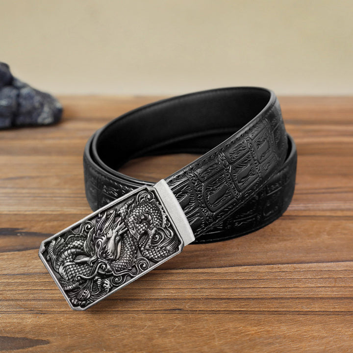 Men's DIY Coiling Dragon Automatic Buckle Leather Belt - Antique Silver - Black Snake Pattern Belt (40) - image 12