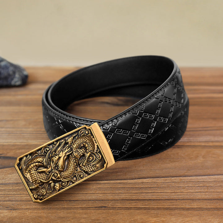 Men's DIY Coiling Dragon Automatic Buckle Leather Belt - Antique Gold - Black Diamond Pattern Belt (40) - image 2