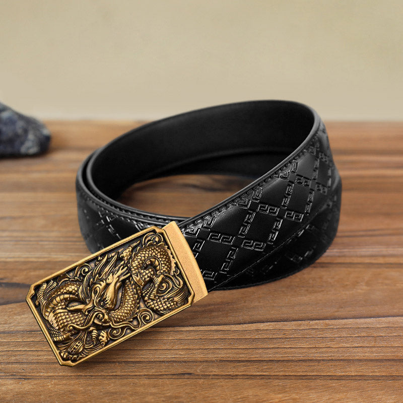 Men's DIY Coiling Dragon Automatic Buckle Leather Belt - Antique Gold - Black Diamond Pattern Belt (40) - image 2