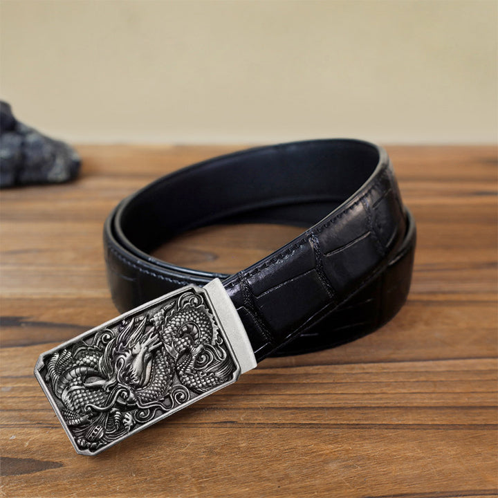 Men's DIY Coiling Dragon Automatic Buckle Leather Belt - Antique Silver - Black Crocodile Pattern Belt (40) - image 10