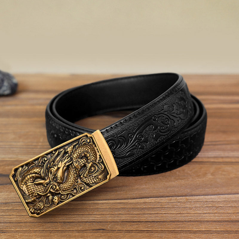 Men's DIY Coiling Dragon Automatic Buckle Leather Belt - Antique Gold - Black Carved Pattern Belt (40) - image 4
