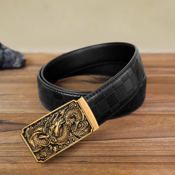 Men's DIY Coiling Dragon Automatic Buckle Leather Belt - Antique Gold - Black Checked Pattern Belt (40) - image 5