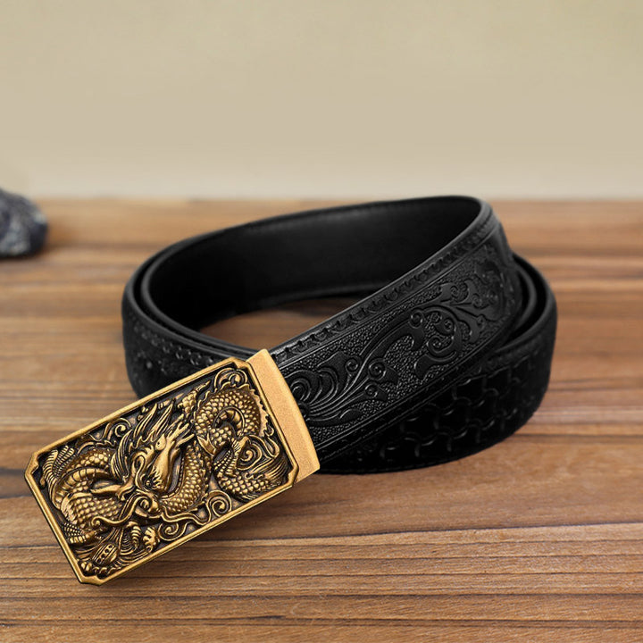 Men's DIY Coiling Dragon Automatic Buckle Leather Belt - Antique Gold - Black Carved Pattern Belt (40) - image 4