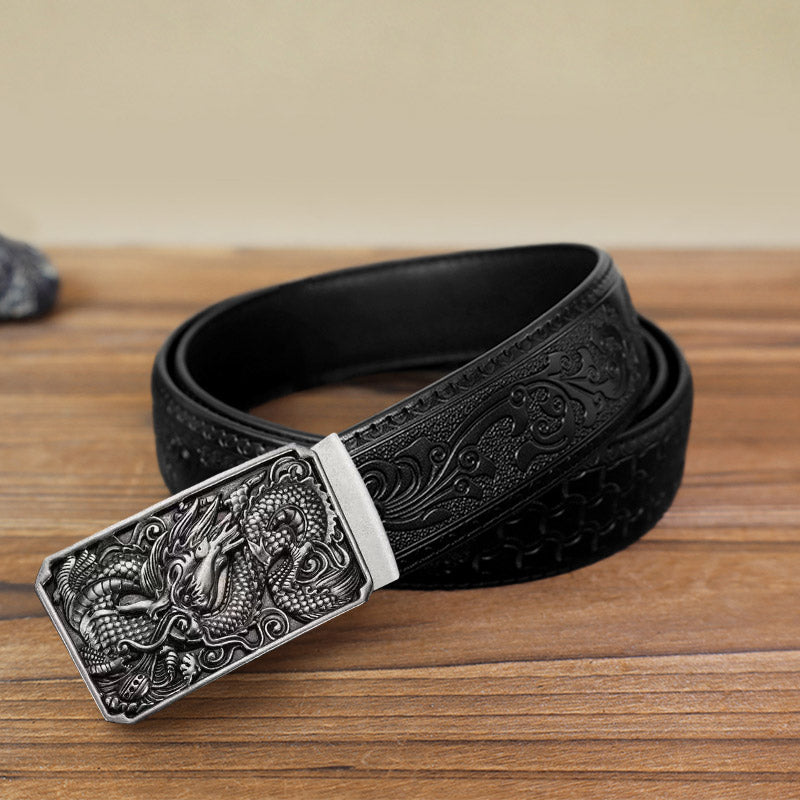 Men's DIY Coiling Dragon Automatic Buckle Leather Belt - Antique Silver - Black Carved Pattern Belt (40) - image 13