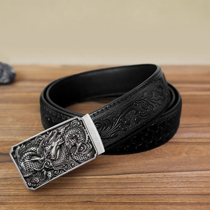 Men's DIY Coiling Dragon Automatic Buckle Leather Belt - Antique Silver - Black Carved Pattern Belt (40) - image 13