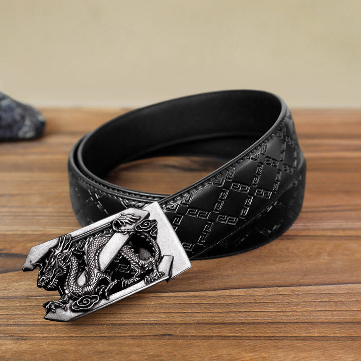 Men's DIY Letter Z Dragon Automatic Buckle Leather Belt - Antique Silver - Black Diamond Pattern Belt (40) - image 11