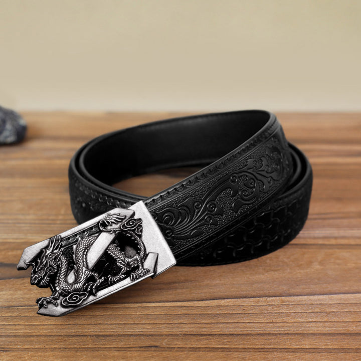 Men's DIY Letter Z Dragon Automatic Buckle Leather Belt - Antique Silver - Black Carved Pattern Belt (40) - image 13