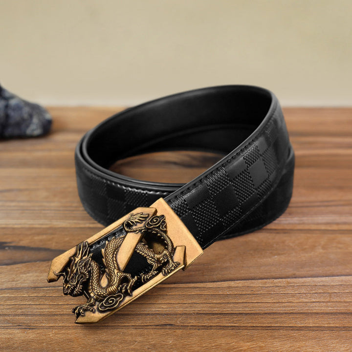 Men's DIY Letter Z Dragon Automatic Buckle Leather Belt - Antique Gold - Black Checked Pattern Belt (40) - image 5