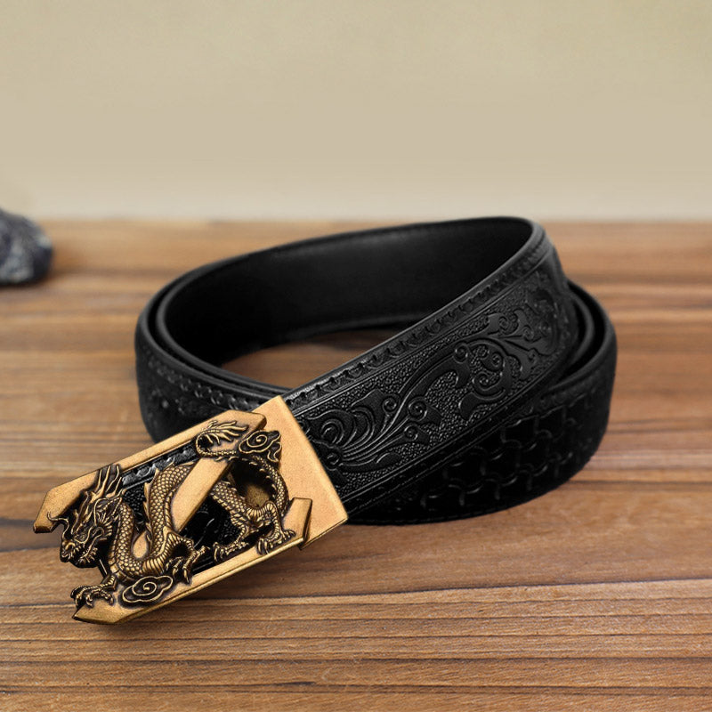 Men's DIY Letter Z Dragon Automatic Buckle Leather Belt - Antique Gold - Black Carved Pattern Belt (40) - image 4