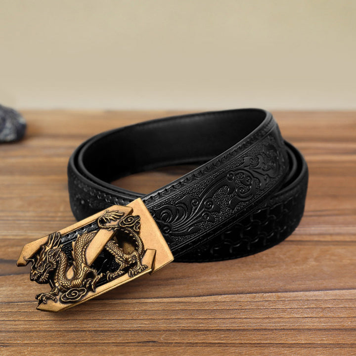 Men's DIY Letter Z Dragon Automatic Buckle Leather Belt - Antique Gold - Black Carved Pattern Belt (40) - image 4