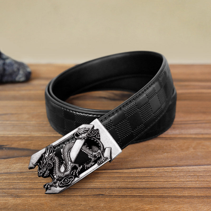 Men's DIY Letter Z Dragon Automatic Buckle Leather Belt - Antique Silver - Black Checked Pattern Belt (40) - image 14