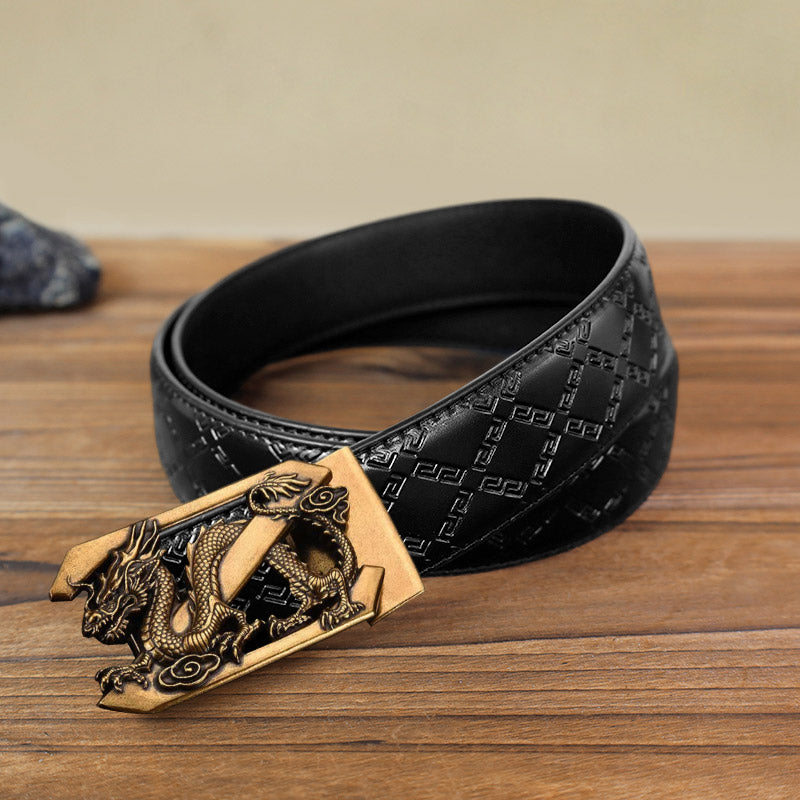 Men's DIY Letter Z Dragon Automatic Buckle Leather Belt - Antique Gold - Black Diamond Pattern Belt (40) - image 2