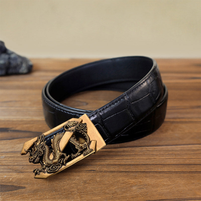 Men's DIY Letter Z Dragon Automatic Buckle Leather Belt - Antique Gold - Black Crocodile Pattern Belt (40) - image 1