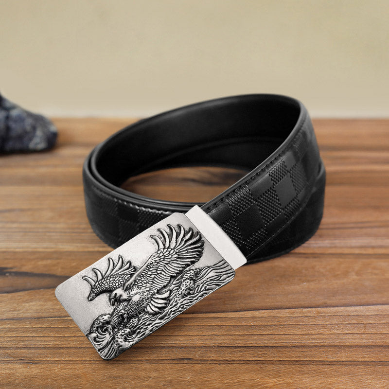 Men's DIY Eagle Spread Wings Automatic Buckle Leather Belt - Antique Silver - Black Checked Pattern Belt (40) - image 5