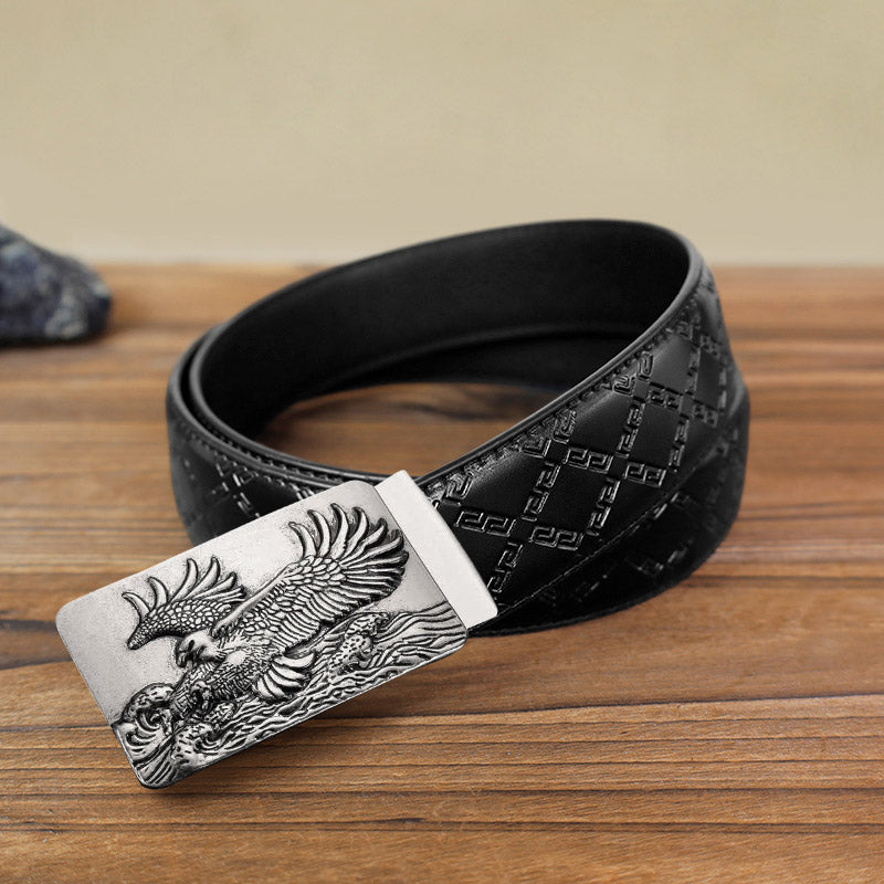 Men's DIY Eagle Spread Wings Automatic Buckle Leather Belt - Antique Silver - Black Diamond Pattern Belt (40) - image 2
