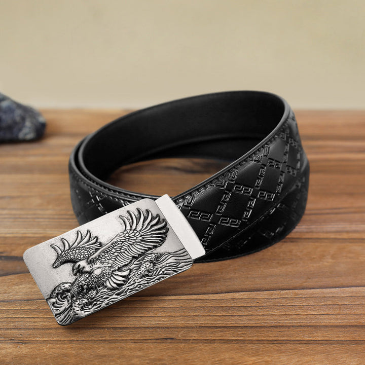 Men's DIY Eagle Spread Wings Automatic Buckle Leather Belt - Antique Silver - Black Diamond Pattern Belt (40) - image 2