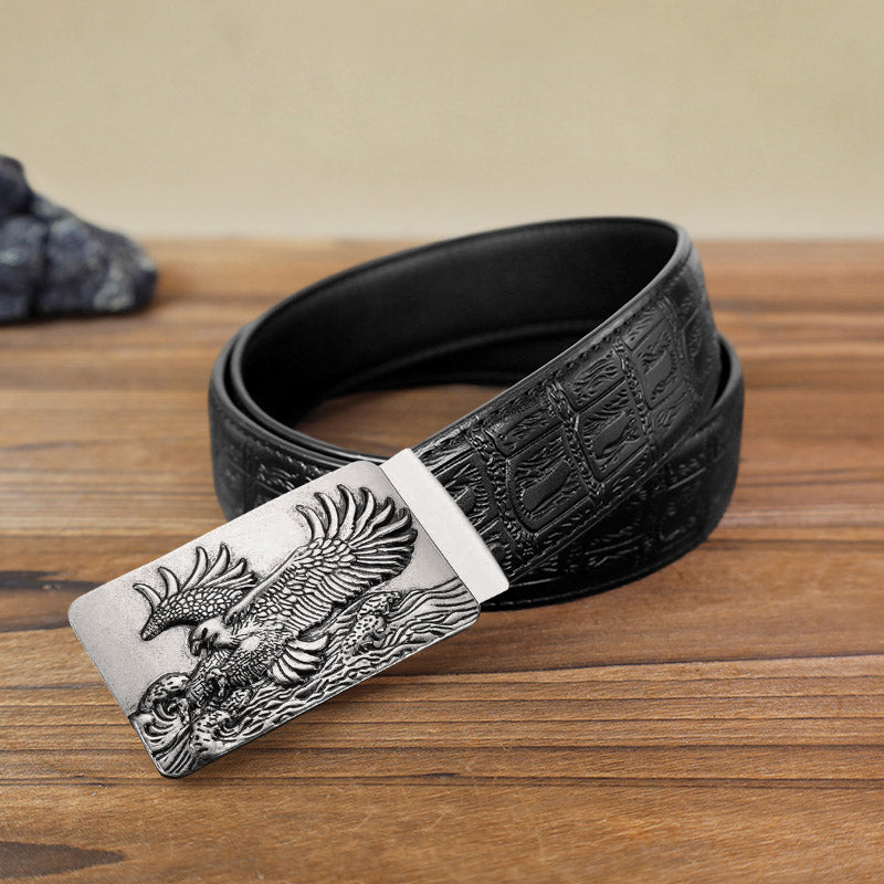 Men's DIY Eagle Spread Wings Automatic Buckle Leather Belt - Antique Silver - Black Snake Pattern Belt (40) - image 3