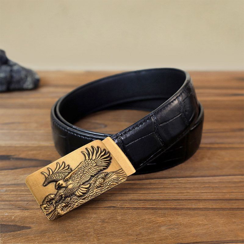 Men's DIY Eagle Spread Wings Automatic Buckle Leather Belt - Antique Gold - Black Crocodile Pattern Belt (40) - image 10