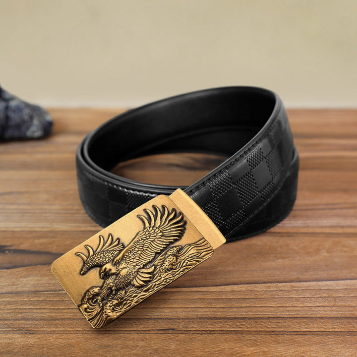 Men's DIY Eagle Spread Wings Automatic Buckle Leather Belt - Antique Gold - Black Checked Pattern Belt (40) - image 14