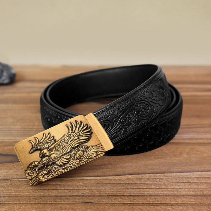 Men's DIY Eagle Spread Wings Automatic Buckle Leather Belt - Antique Gold - Black Carved Pattern Belt (40) - image 13