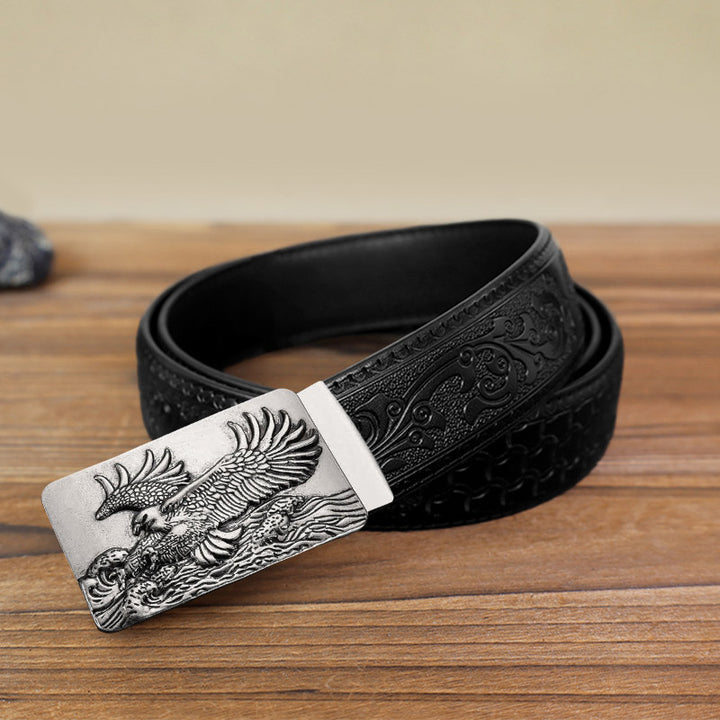 Men's DIY Eagle Spread Wings Automatic Buckle Leather Belt - Antique Silver - Black Carved Pattern Belt (40) - image 4