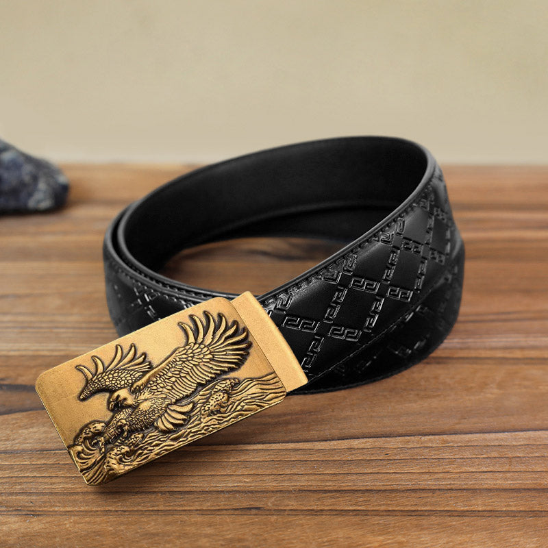Men's DIY Eagle Spread Wings Automatic Buckle Leather Belt - Antique Gold - Black Diamond Pattern Belt (40) - image 11