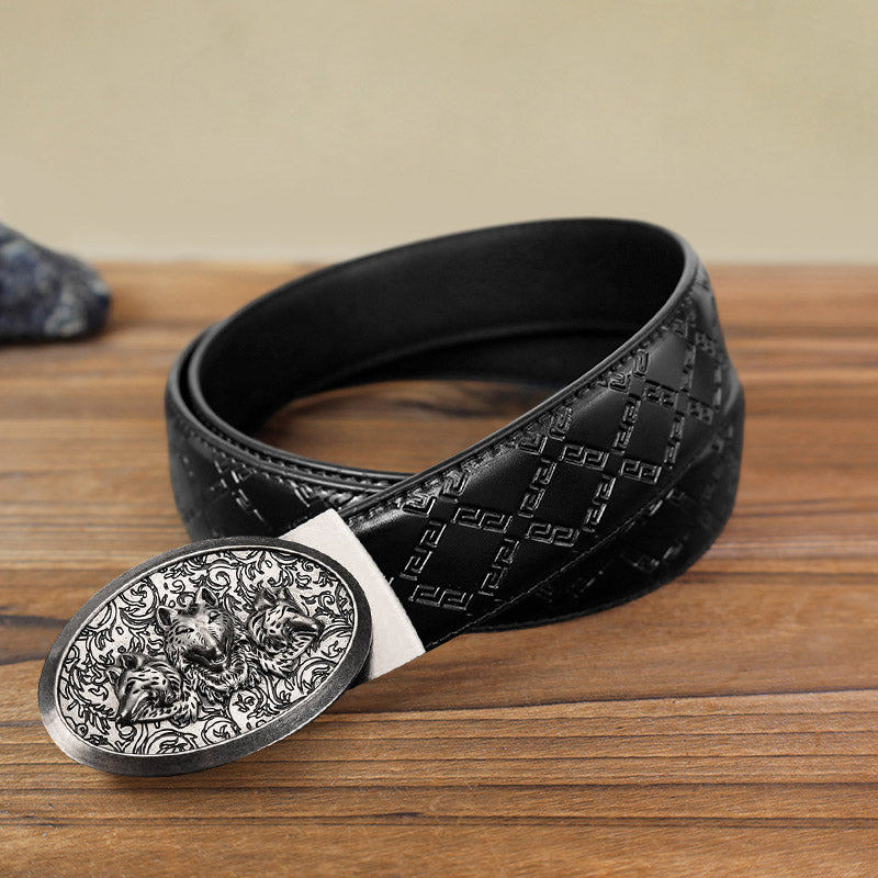 Men's DIY Hungry Wolves Automatic Buckle Leather Belt - Antique Silver - Black Diamond Pattern Belt (40) - image 2