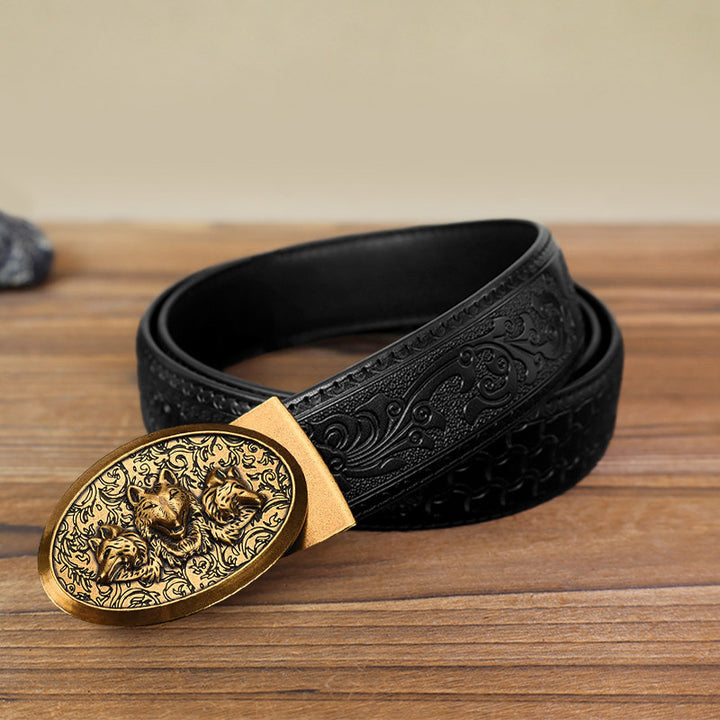 Men's DIY Hungry Wolves Automatic Buckle Leather Belt - Antique Gold - Black Carved Pattern Belt (40) - image 13