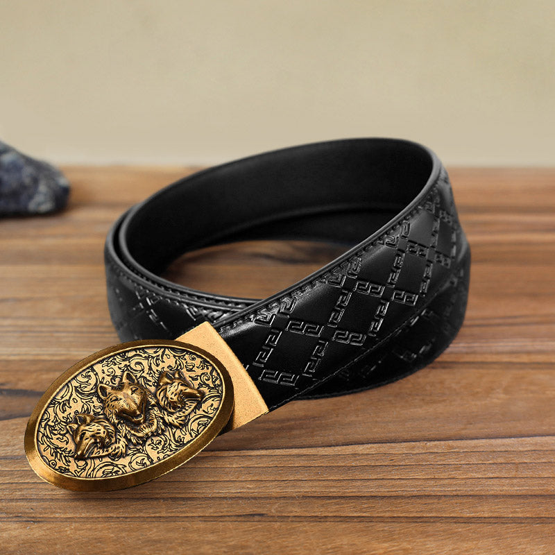 Men's DIY Hungry Wolves Automatic Buckle Leather Belt - Antique Gold - Black Diamond Pattern Belt (40) - image 11