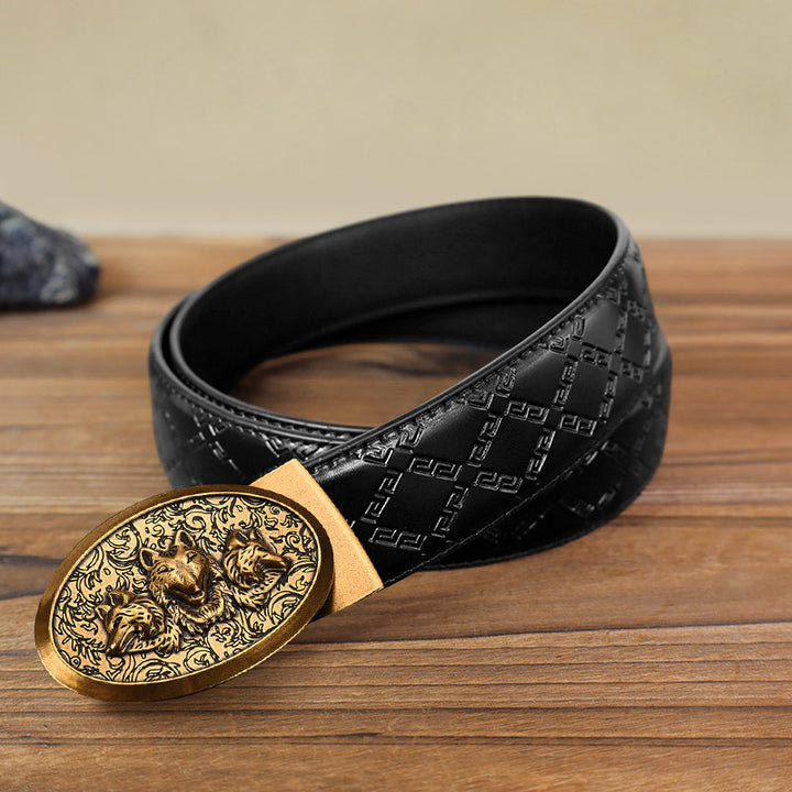 Men's DIY Hungry Wolves Automatic Buckle Leather Belt - Antique Gold - Black Diamond Pattern Belt (40) - image 11