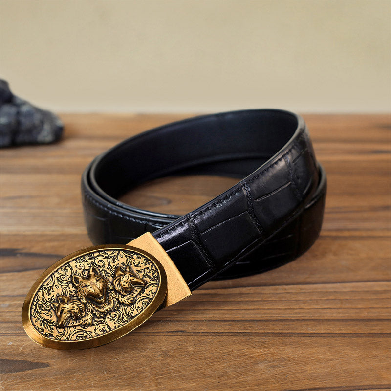 Men's DIY Hungry Wolves Automatic Buckle Leather Belt - Antique Gold - Black Crocodile Pattern Belt (40) - image 10