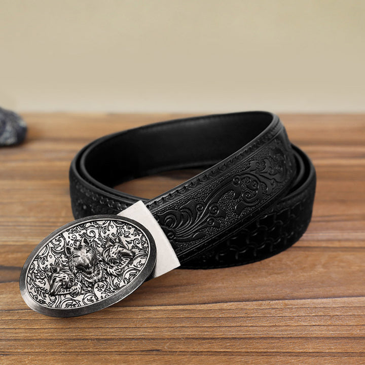 Men's DIY Hungry Wolves Automatic Buckle Leather Belt - Antique Silver - Black Carved Pattern Belt (40) - image 4