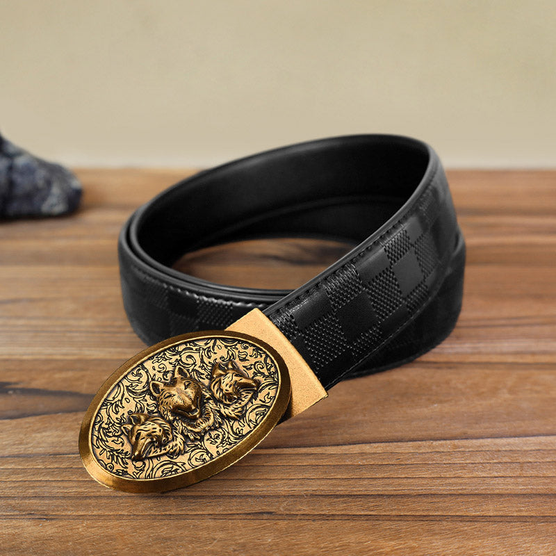 Men's DIY Hungry Wolves Automatic Buckle Leather Belt - Antique Gold - Black Checked Pattern Belt (40) - image 14
