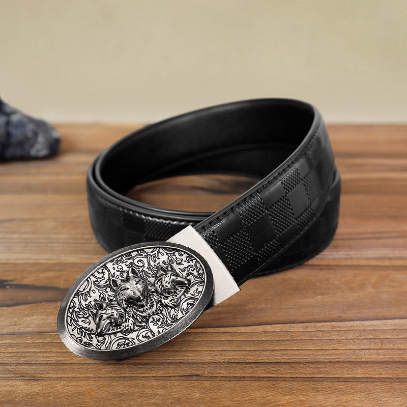 Men's DIY Hungry Wolves Automatic Buckle Leather Belt - Antique Silver - Black Checked Pattern Belt (40) - image 5