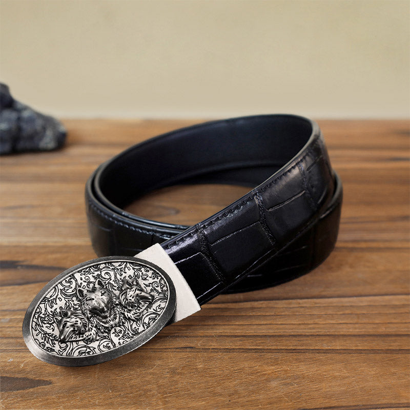 Men's DIY Hungry Wolves Automatic Buckle Leather Belt - Antique Silver - Black Crocodile Pattern Belt (40) - image 1